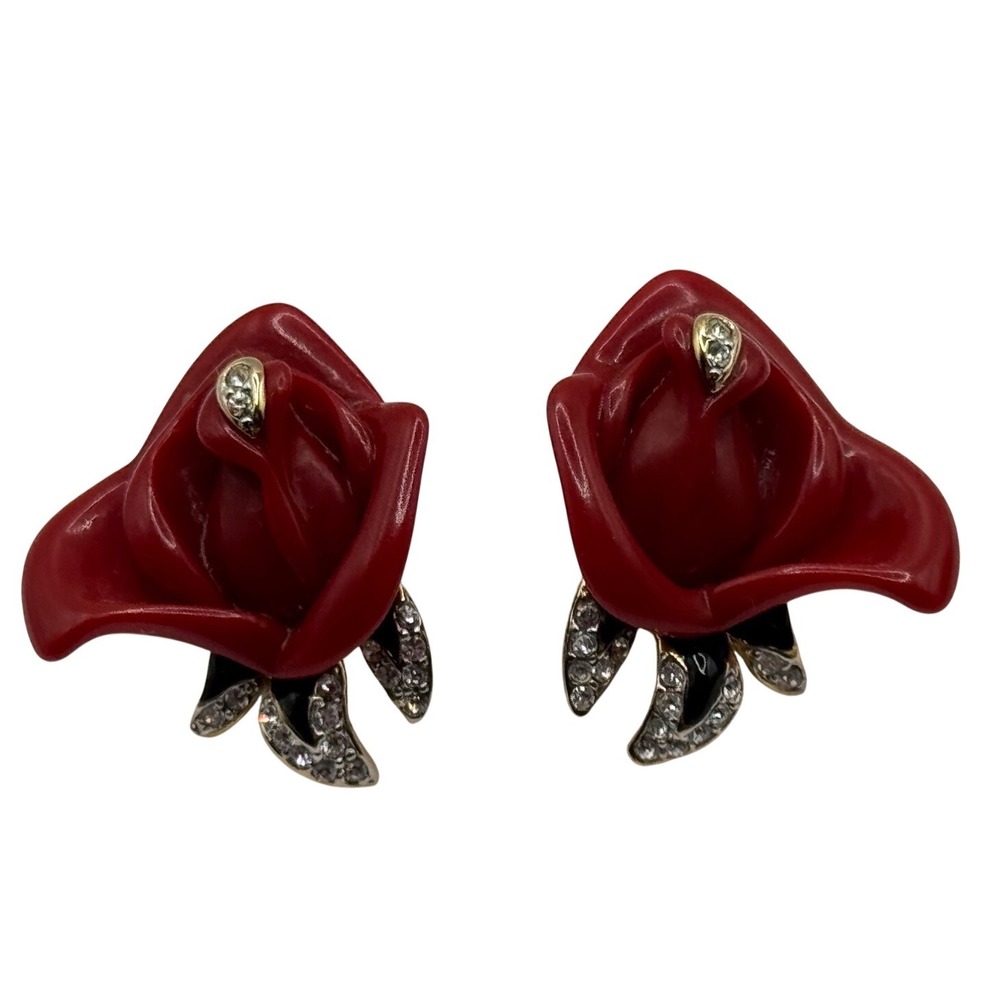 Vintage KJL Kenneth J Lane Red Lucite Rhinestone Rose Gold Tone Pierced Earrings